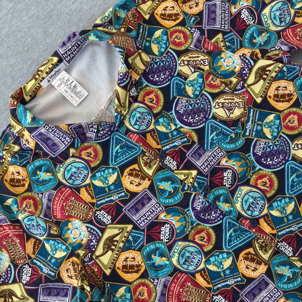 Disney Parks Men Large Attraction Patch All Over Print Button Down Shirt - Picture 1 of 7